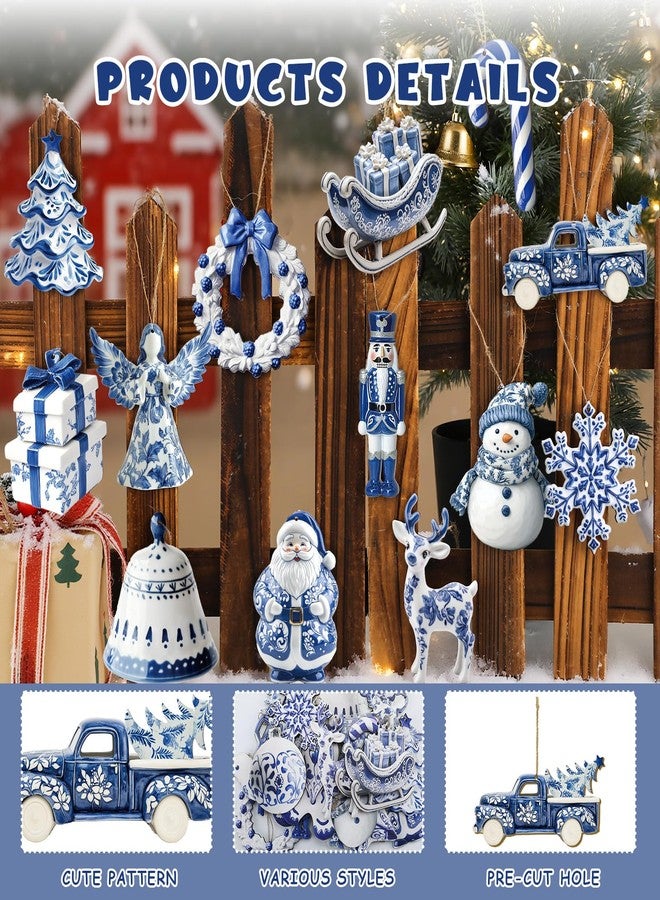 Yuntau 40 Pcs Christmas Chinoiserie Ornaments Blue and White Porcelain Wooden Flat Decoration Christmas Tree Ornaments Chinoiserie Hanging Decor Porcelain Pendants for Small Xmas Tree Decor(Classic) - Image 3